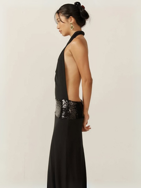 Robe noire longue dos nu plongeant 2