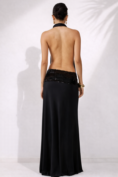 Robe noire longue dos nu plongeant