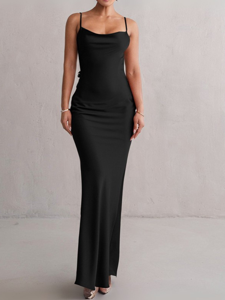 Robe bretelle dos nu satinée longue noir plongeant 1