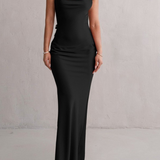 Robe bretelle dos nu satinée longue noir plongeant 1