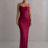 Robe bretelle dos nu satinée longue plongeant