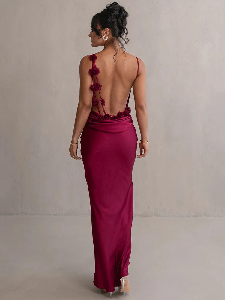 Robe bretelle dos nu satinée longue rouge