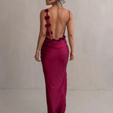 Robe bretelle dos nu satinée longue rouge