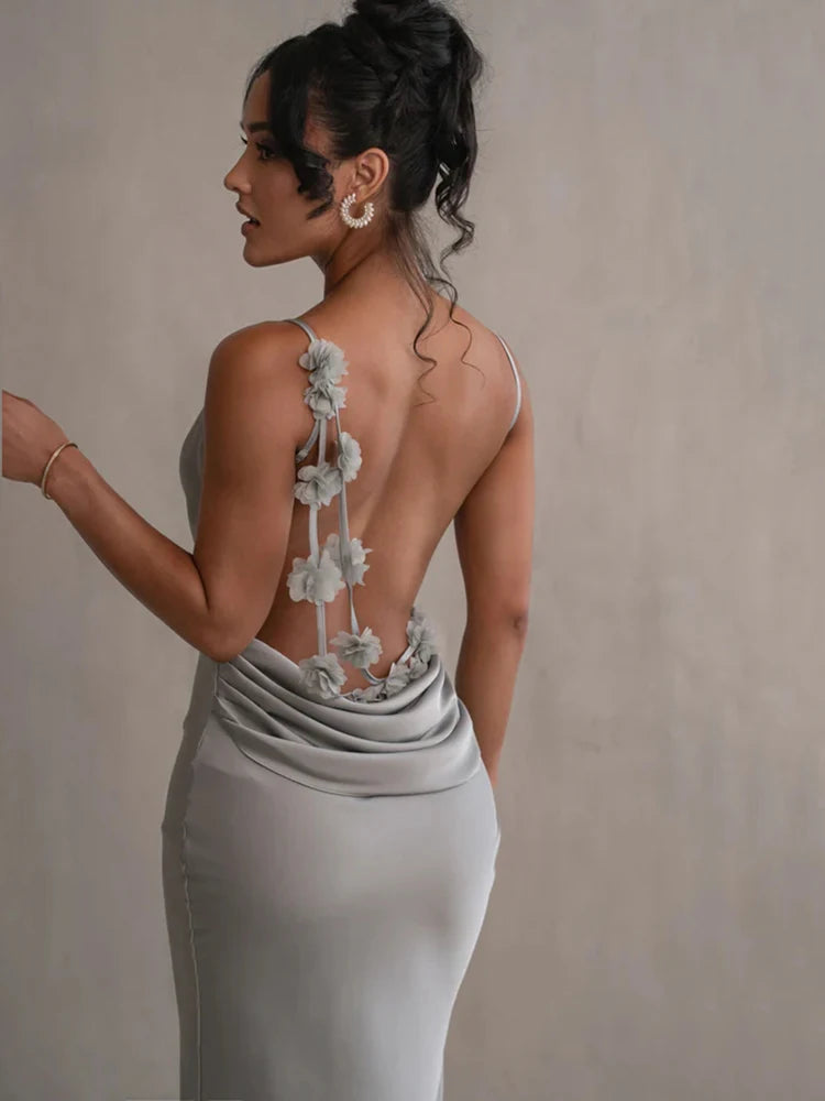 Robe bretelle dos nu satinée longue verte