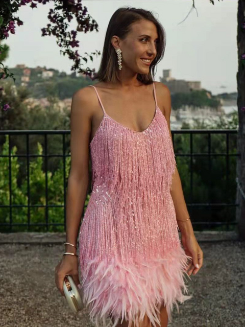 Robe cocktail dos nu avec franges