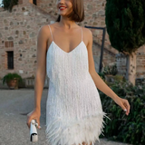 Robe cocktail dos nu avec franges blanche