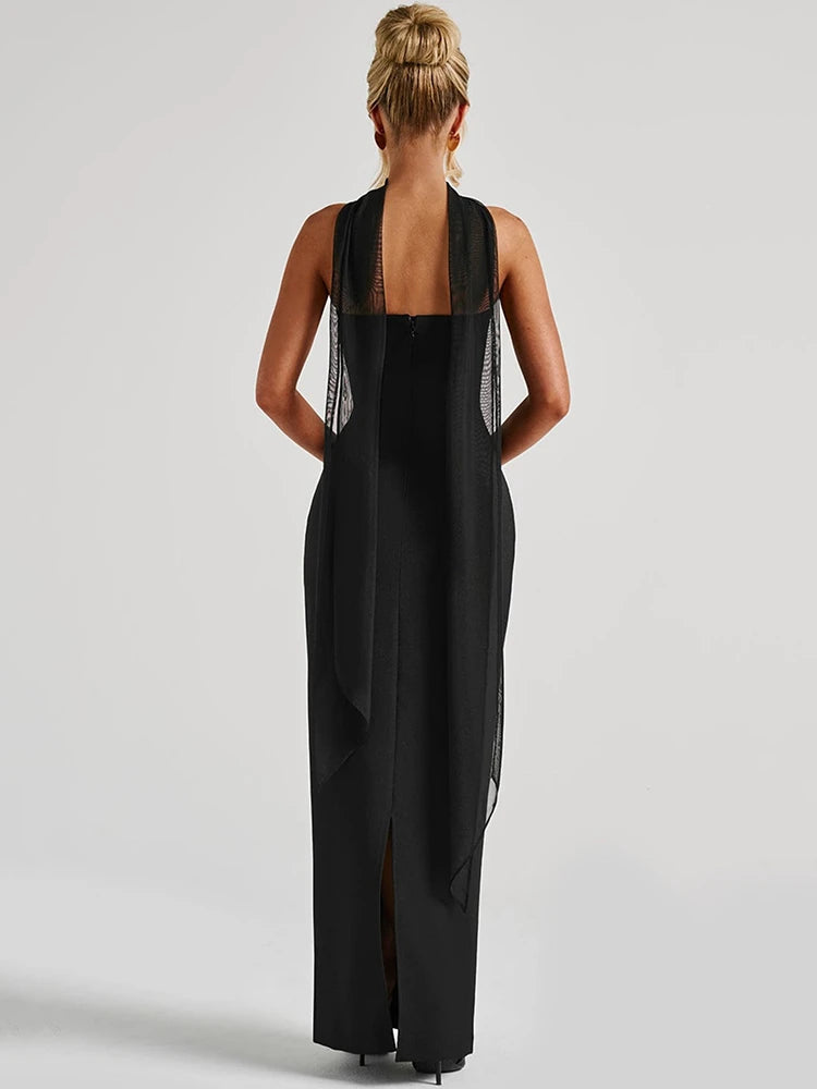 Robe cocktail longue dos nu noir fente