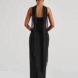 Robe cocktail longue dos nu noir fente