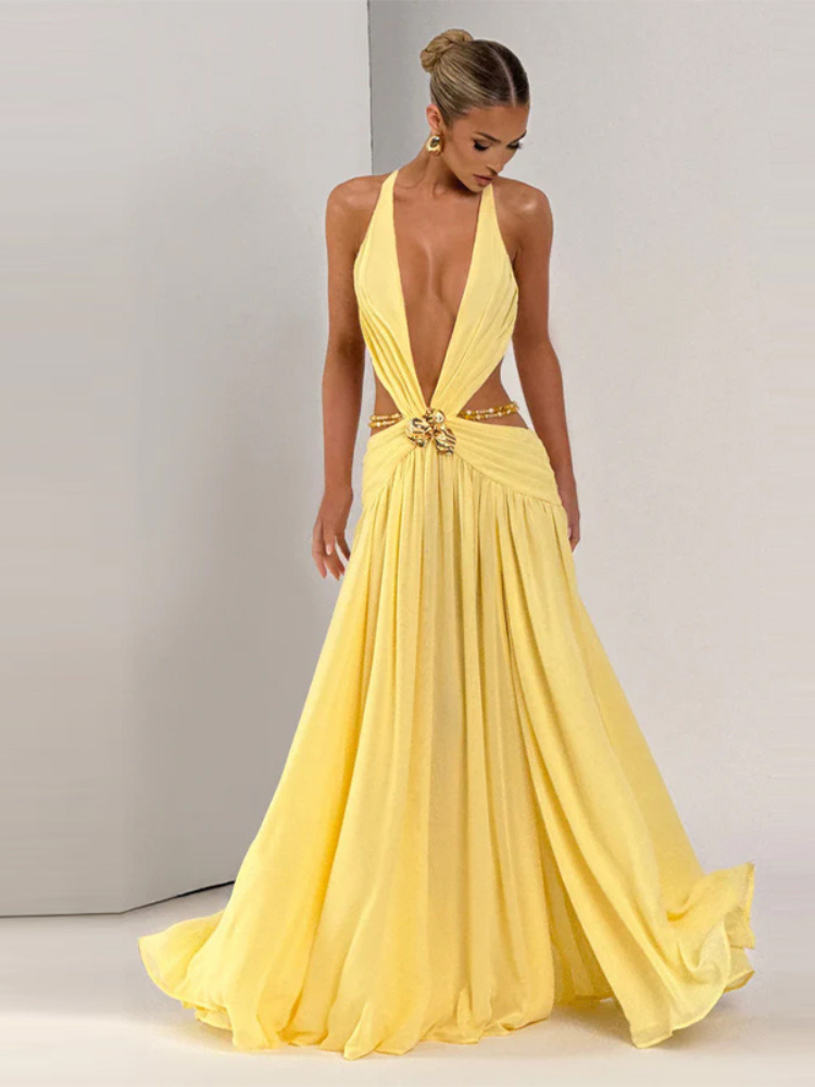 Robe décolleté et dos nu jaune