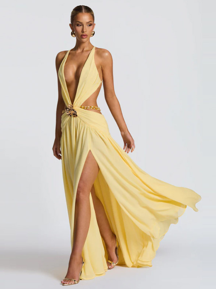 Robe décolleté et dos nu jaune 1