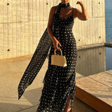 Robe de soirée longue noire dos nu pois