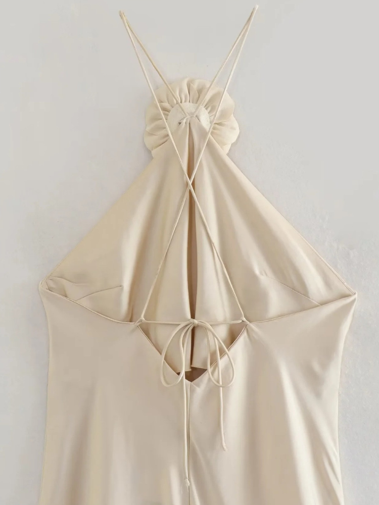 Robe dos nu fluide champagne midi 1
