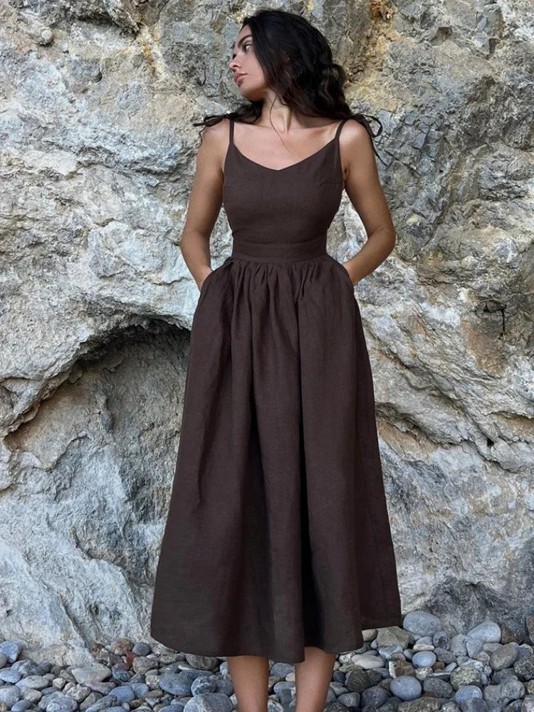 Robe dos nu lin midi marron