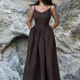 Robe dos nu lin midi marron