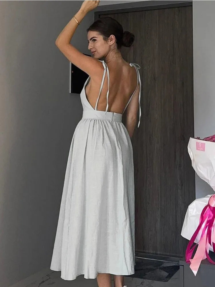 Robe dos nu lin midi plongeant blanc