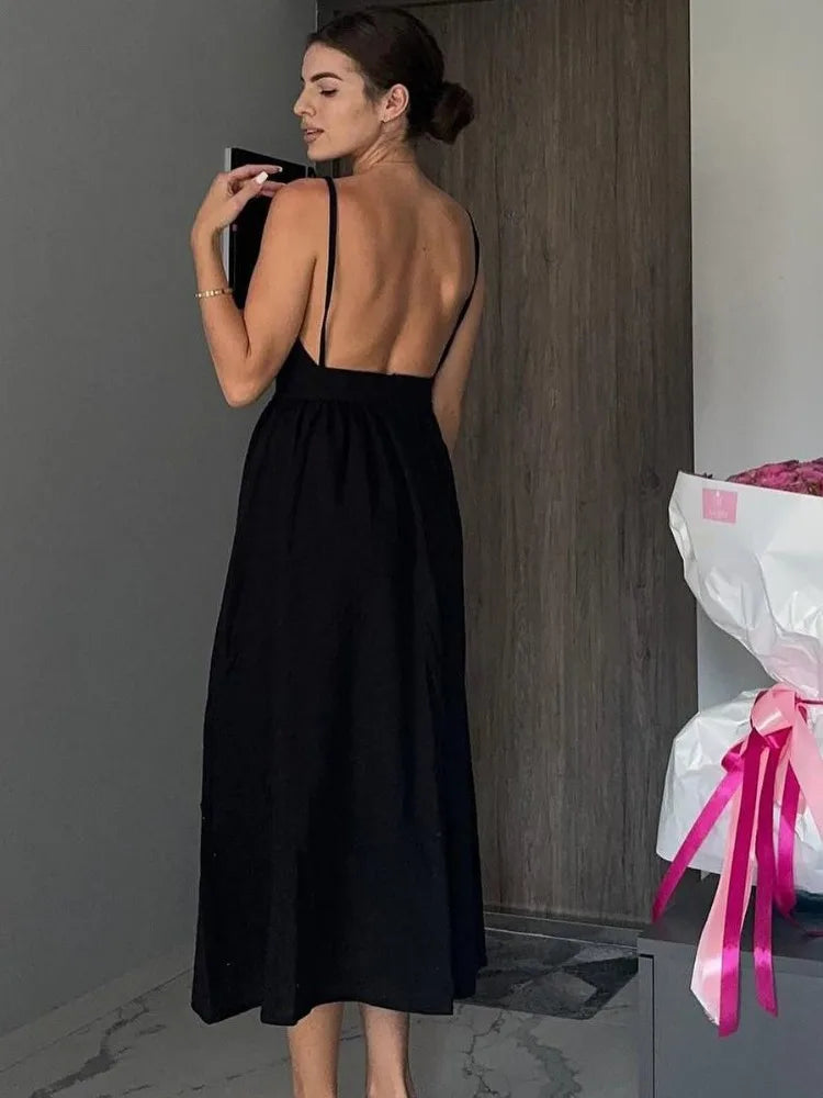 Robe dos nu lin midi plongeant noir