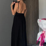 Robe dos nu lin midi plongeant noir