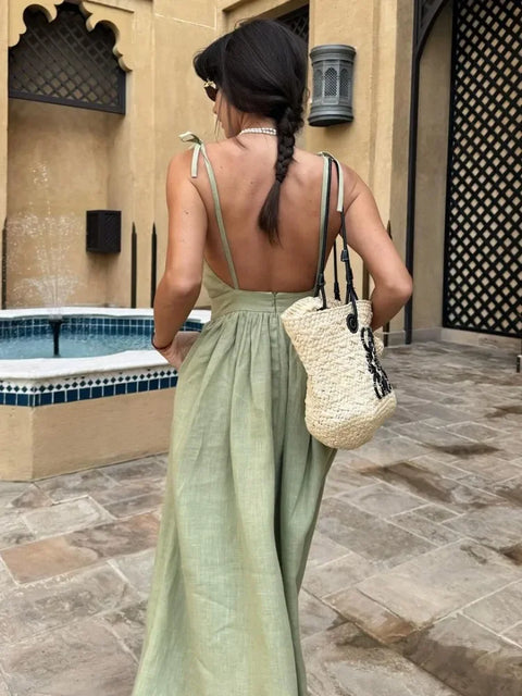 Robe dos nu lin midi vert plongeant