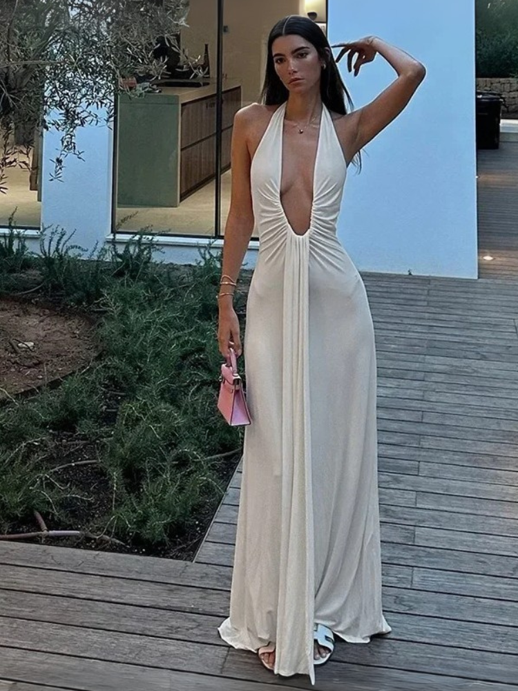 Robe dos nu plongeant d'été longue blanche décolleté