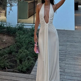 Robe dos nu plongeant d'été longue blanche décolleté