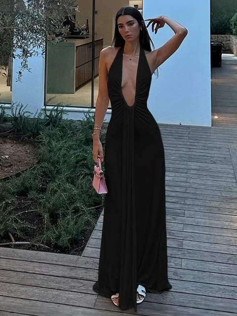 Robe dos nu plongeant d'été longue noir