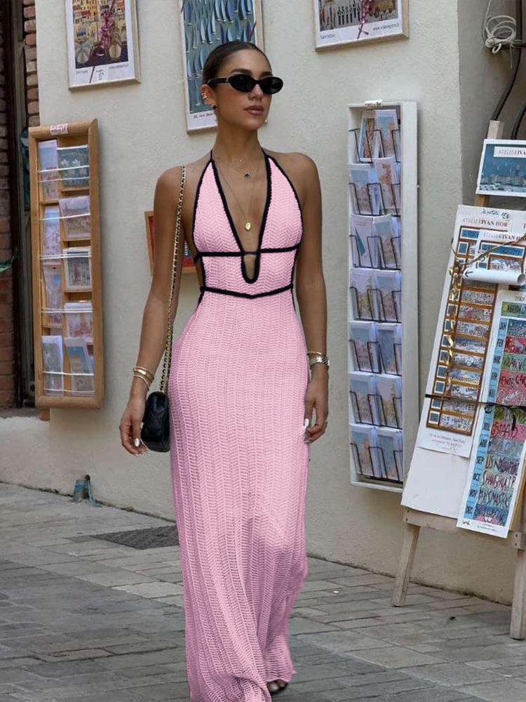 Robe longue col v dos nu plongeant rose