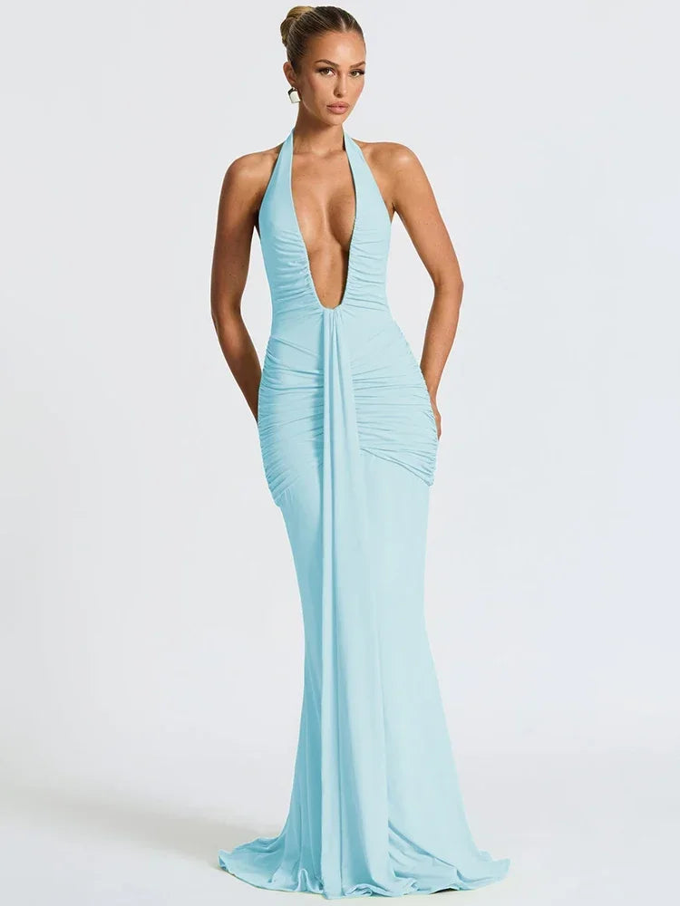 Robe longue décolleté dos nu bleue