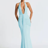 Robe longue décolleté dos nu bleue