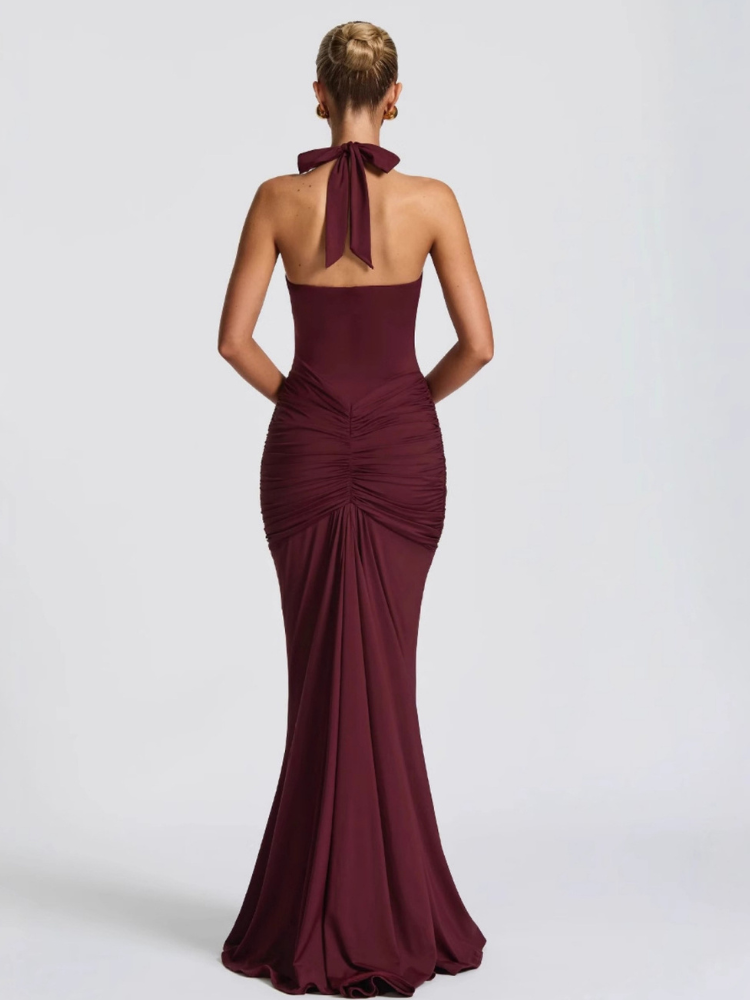 Robe longue décolleté dos nu rouge avec nœud