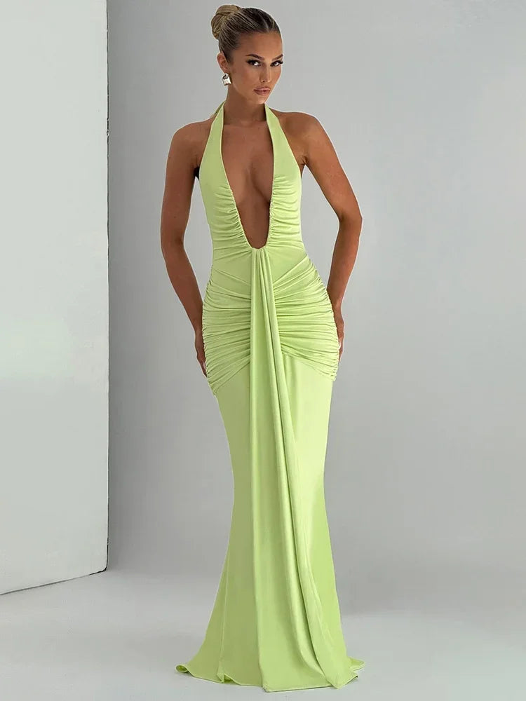 Robe longue décolleté dos nu vert