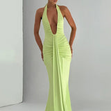 Robe longue décolleté dos nu vert