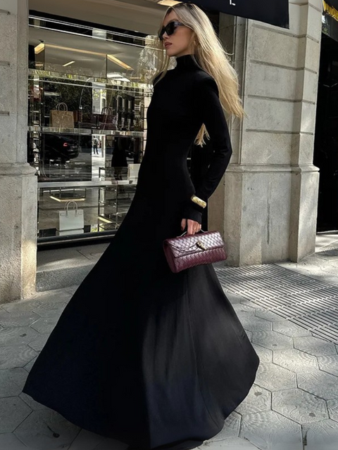 Robe longue dos nu col montant noir
