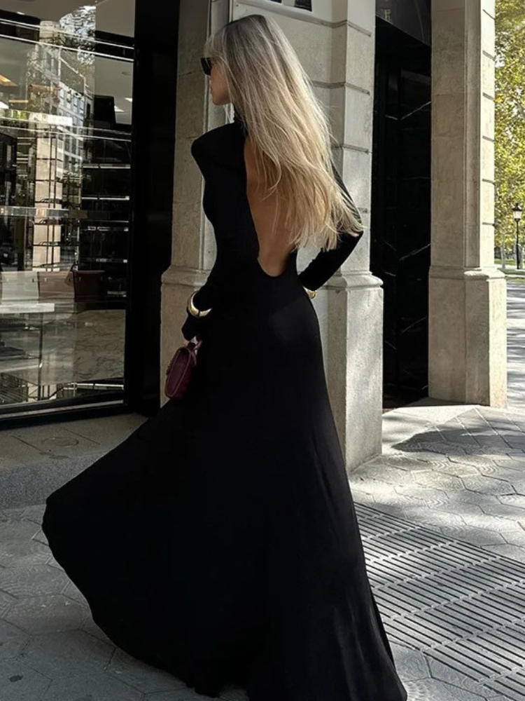 Robe longue dos nu col montant noir 1