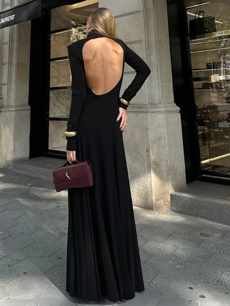 Robe longue dos nu col montant noir plongeant