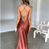 Robe longue satin dos nu terracotta bretelle fine