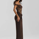 Robe marron dos nu dentelle longue