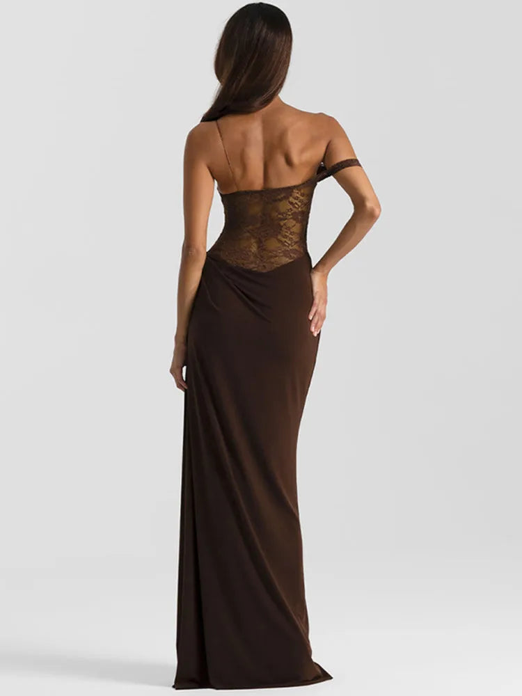 Robe marron dos nu dentelle longue dentelle