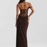 Robe marron dos nu dentelle longue dentelle