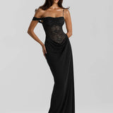 
Robe marron dos nu dentelle longue noir
