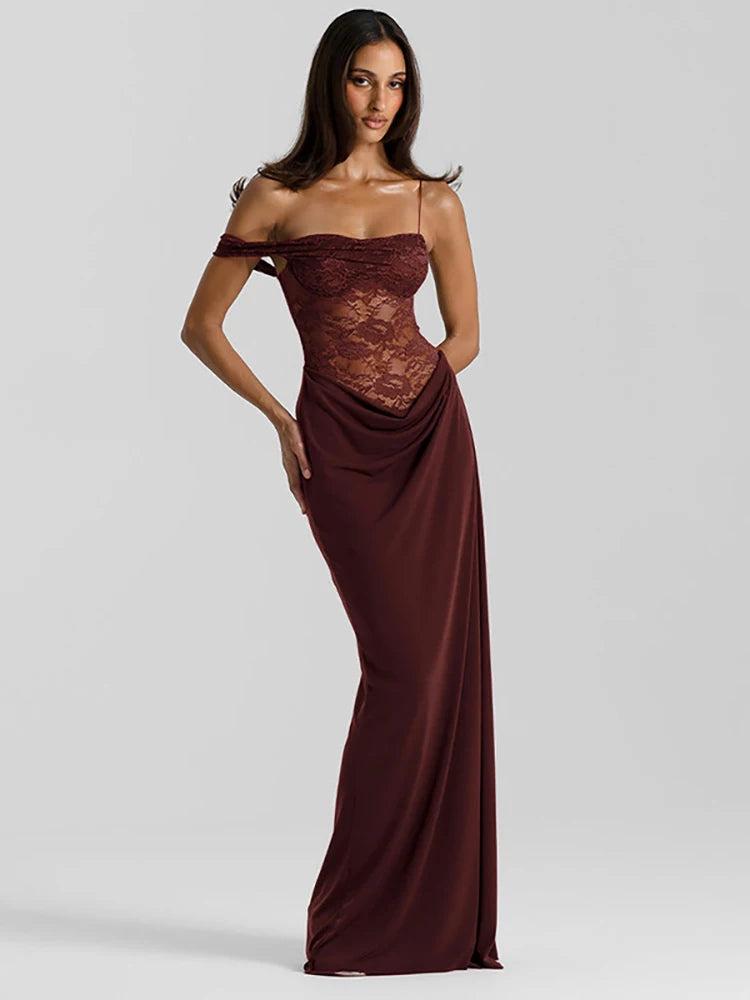  Robe marron dos nu dentelle longue rouge