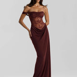  Robe marron dos nu dentelle longue rouge
