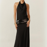 Robe noire longue dos nu plongeant col drapé