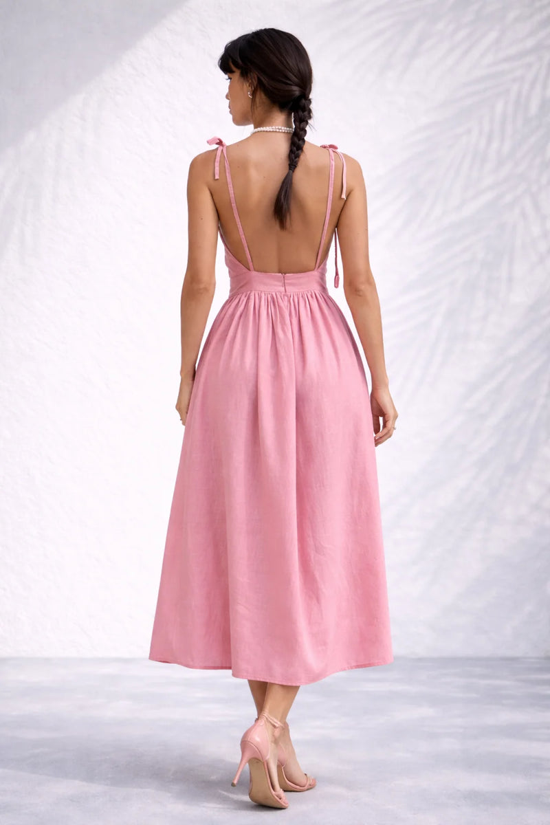 Robe dos nu lin midi Rose / S