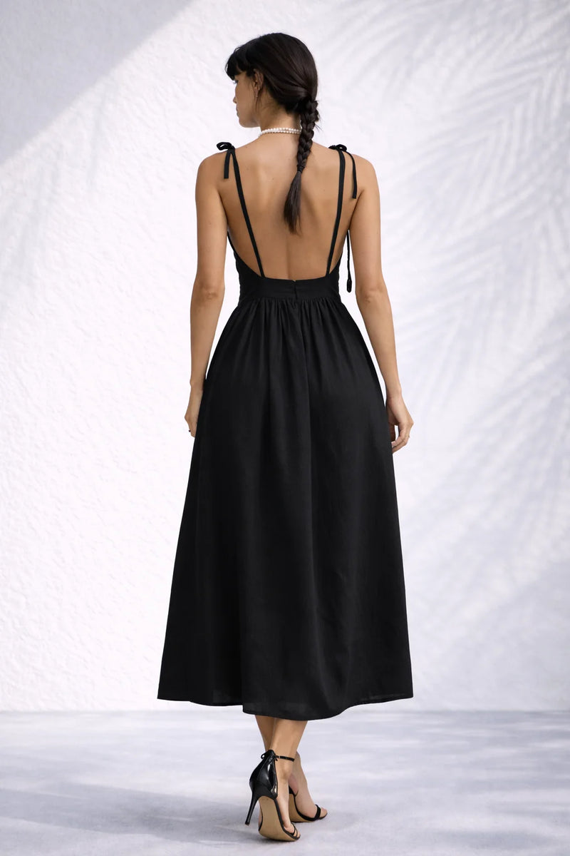 Robe dos nu lin midi Noir / S