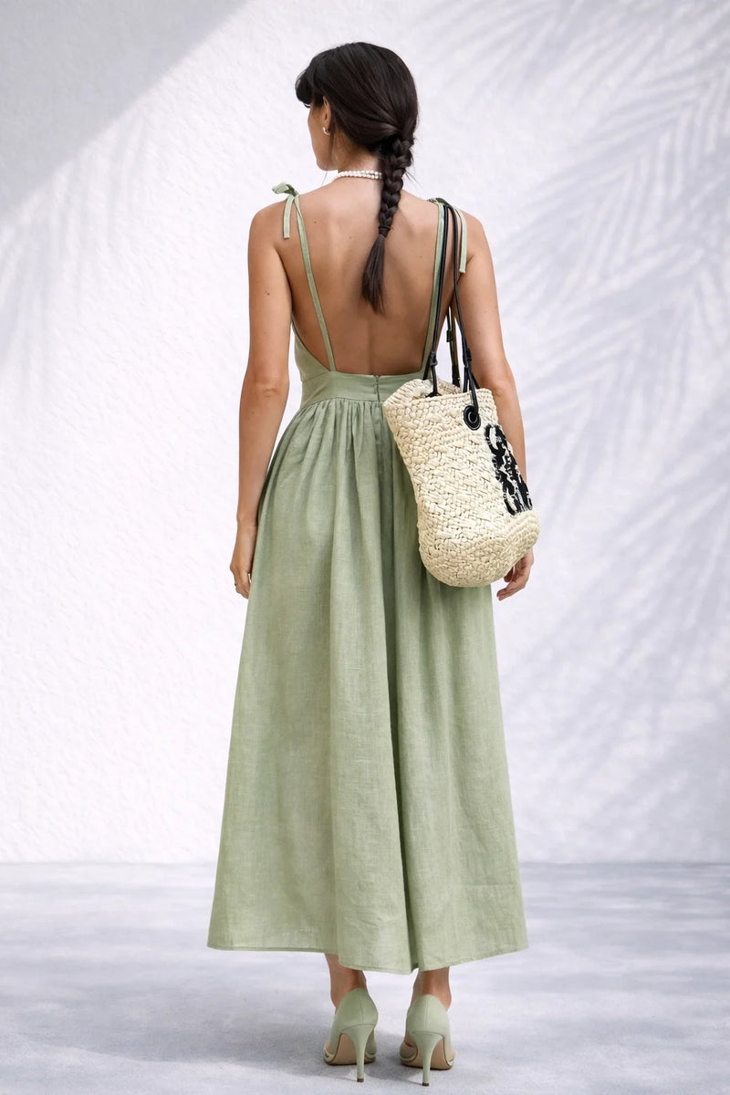 Robe dos nu lin midi Vert / S