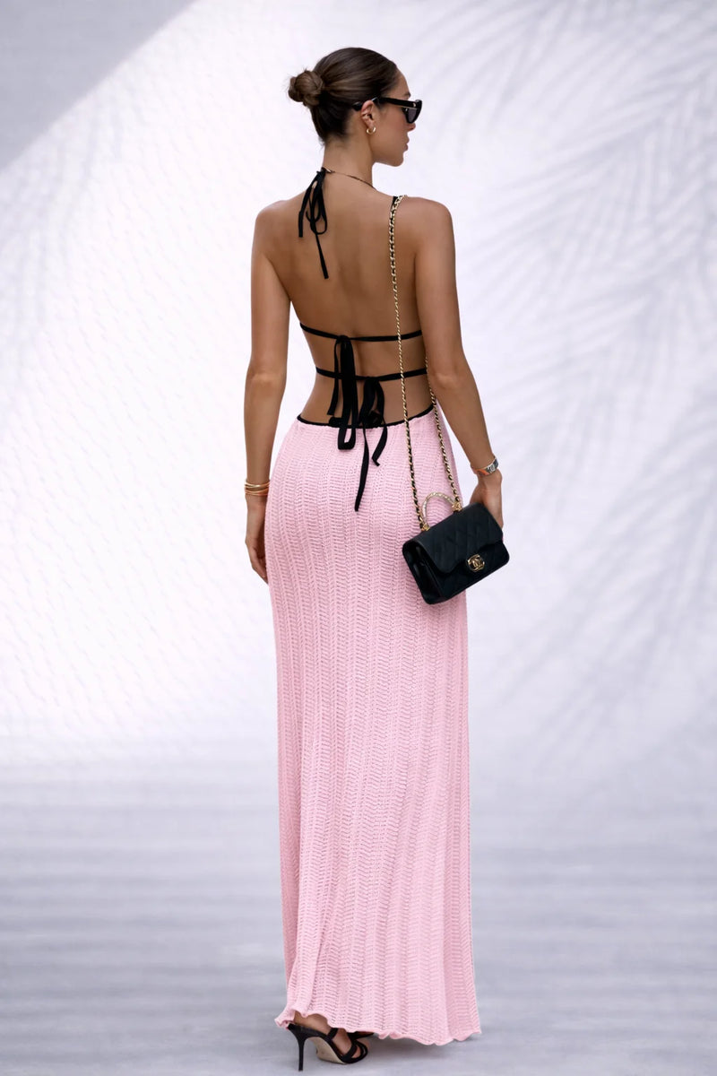 Robe longue col v dos nu Rose / S