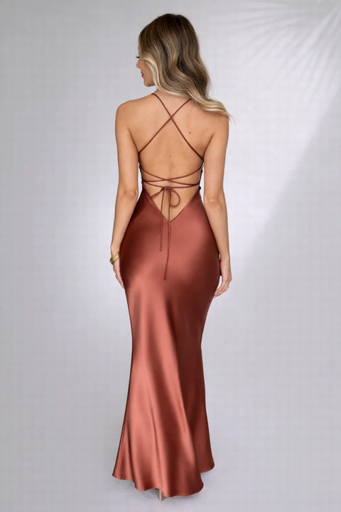Robe longue satin dos nu Marron / S