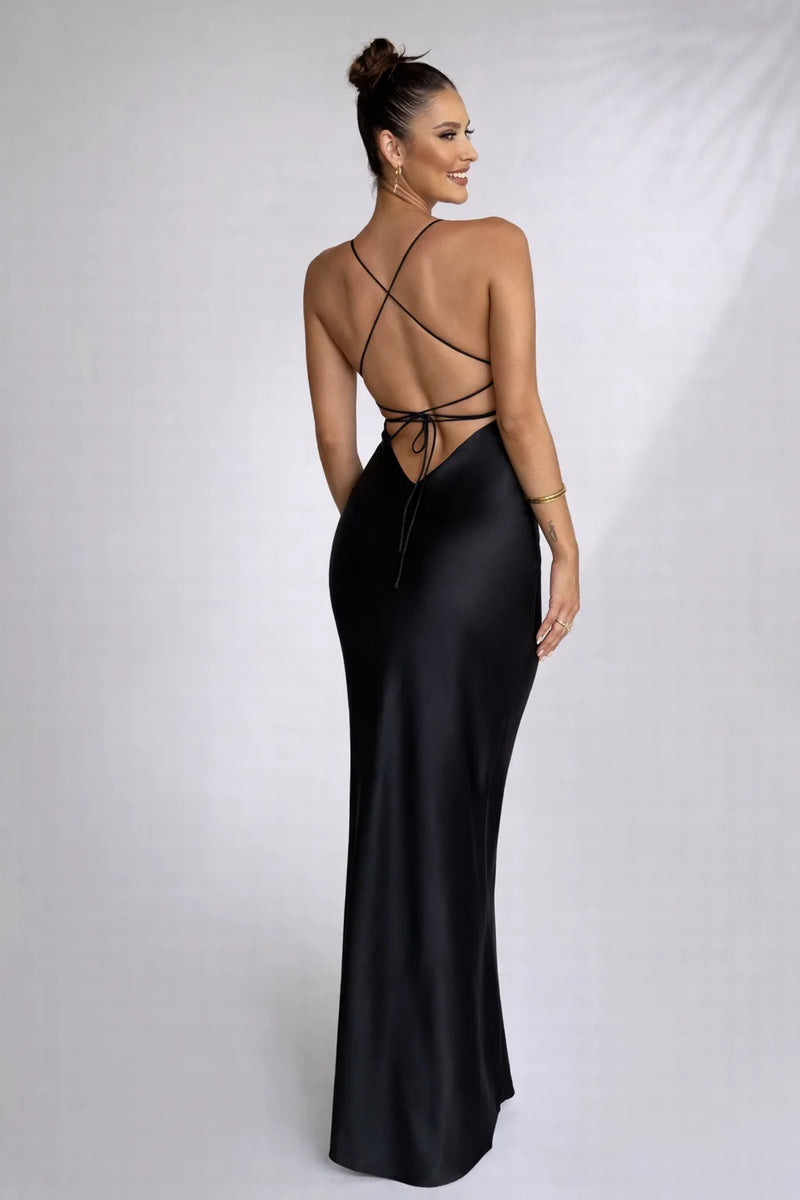 Robe longue satin dos nu Noir / S