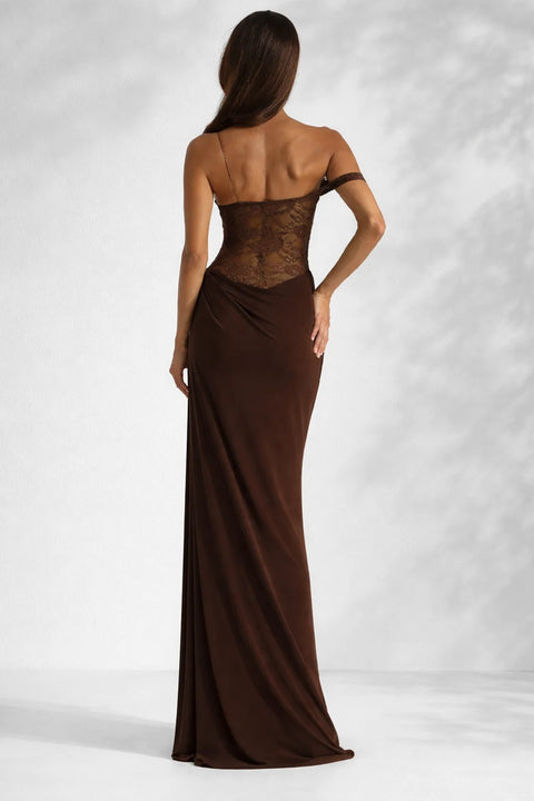 Robe marron dos nu dentelle Marron / S